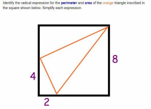 Identify the radical expression for the perimeter and area of the orange triangle inscribed in the