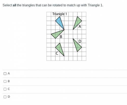 Select all the triangles that can be rotated to match up with Triangle 1.
