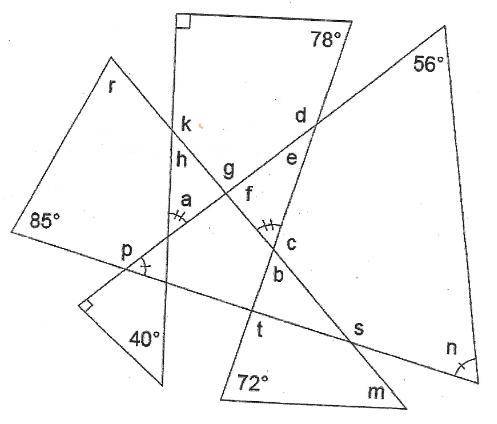 [Geometry] Find the measure of each lettered angle. The diagram is not drawn to scale.
