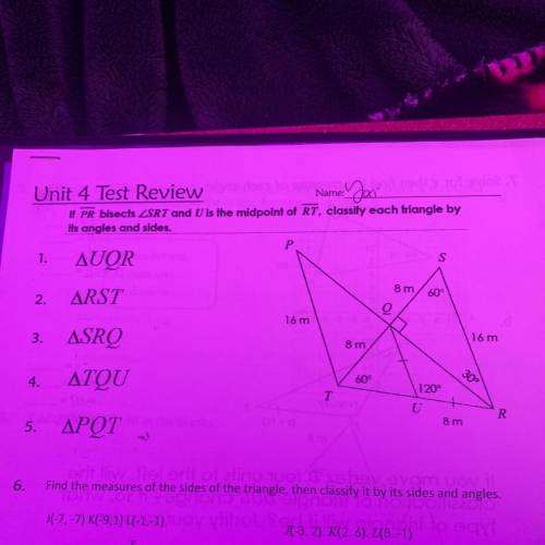 If pr bisects srt and u is the midpoint of rt classify each triangle by its angles and sides