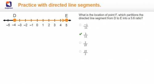 Practice with directed line segments. A number line goes from negative 5 to positive 5. Point D is