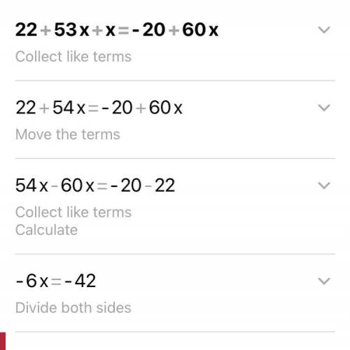Someone Help?

Find the problem:22 + 53x + x = -20 + 60x22+ 54x = -20 + 60x22= -20+ 6x2= 6xx = 1/3F