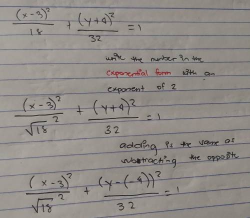 What are the lengths of the major and minor axes of the ellipse? 
(x−3)^2/18 + (y+4)^2/32=1