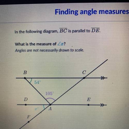 In the following diagram, BC is parallel to DE.

What is the measure of angle x?
Angles are not ne