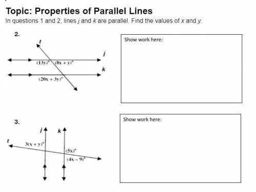 In questions 1 and 2, lines j and k are parallel. Find the values of x and y.