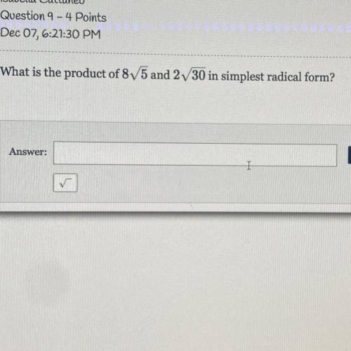What is the product of 8 radical 5 and 2 radical 30 in simplest radical form?

HELP ASAP!! 
Full w