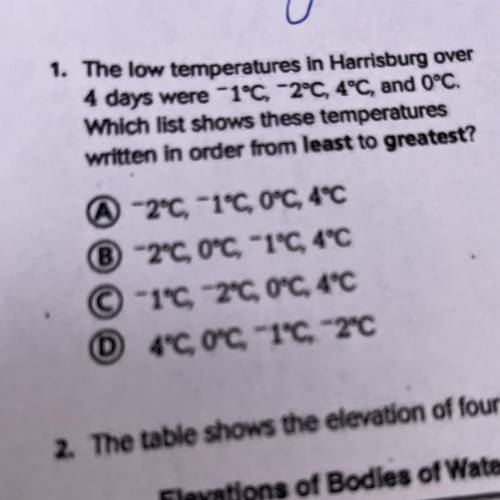 3. The

ter
1. The low temperatures in Harrisburg over
4 days were -1°C, -2°C, 4°C, and 0°C.
Which