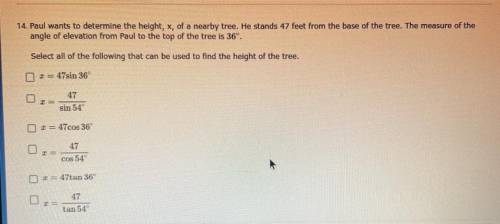 Paul wants to determine the height, x, of a nearby tree. He stands 47 feet from the base of the tre