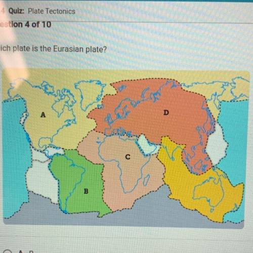 Which plate is the Eurasian plate?
A.B
B.C
C.A
D.D