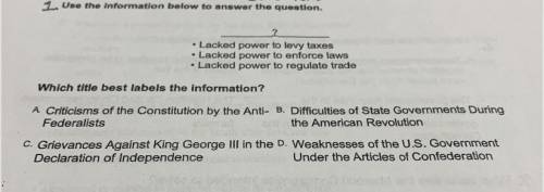 1. Use the information below to answer the question.

• Lacked power to levy taxes
• Lacked power