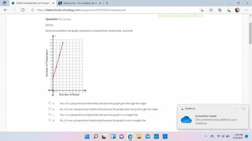 Determine whether the graph represents a proportional relationship. (4 points) A graph is shown. Th