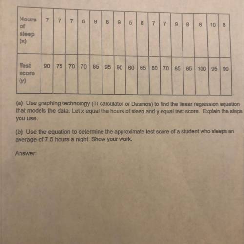 the following table shows the test scores and sleep averages of several students. hours of sleep (x