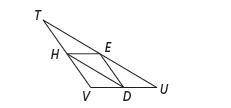 Points E, D, and H are the midpoints of the sides of ΔTUV. UV=82, TV=106, and HD= 82. Find HE.