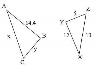 Find the value of \mathrm{x}x and \mathrm{y}y in the following triangles given that \bigtriangleup