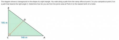 The diagram shows a campground in the shape of a right triangle. You walk along a path from the cam