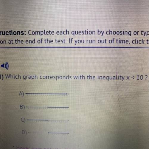 1) Which graph corresponds with the inequality x< 10 ?
A)
B)
C)
D)