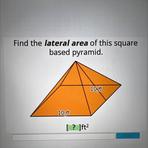Find the lateral area of this square
based pyramid.
Ski
10ft
10 ft