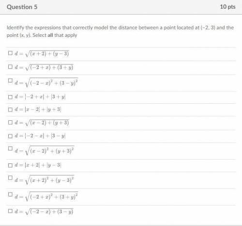 Identify the expressions that correctly model the distance between a point located at (-2, 3) and t