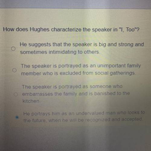 How does HUGHES characterize the speaker in “I, TOO”?

I TOO by Langston Hughes
I too, sing Americ
