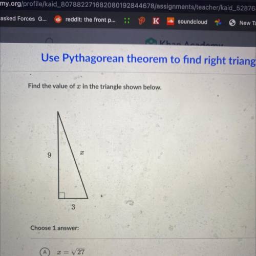 Use Pythagorean theorem to find right triangle si

Find the value of x in the triangle shown below