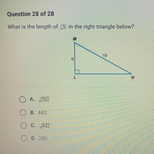 What is the length of LN in the right triangle below?
