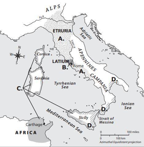 Using the letters on the map as a guide, label the location of the Etruscans, Greeks, Latins, Carth