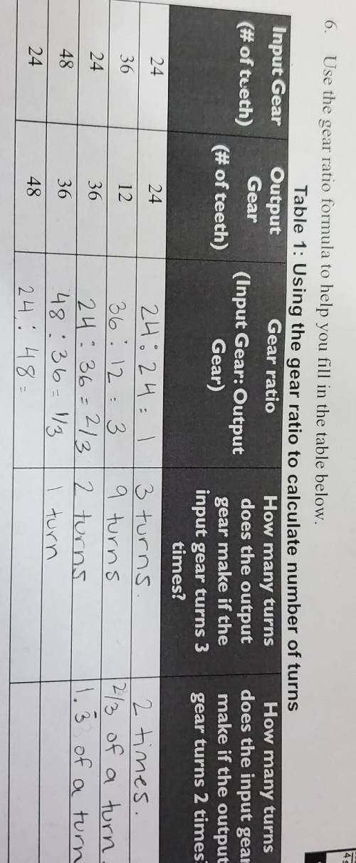 112 m A sec to help you fill in the table below. 10.: Using the gear ratio to calculate number of t