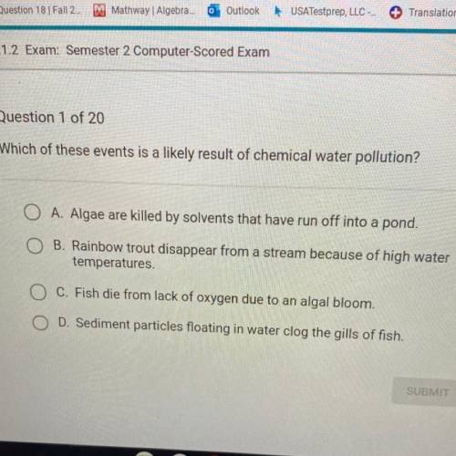 Which of these events is a likely result of chemical water pollution?

A. Algae are killed by solv