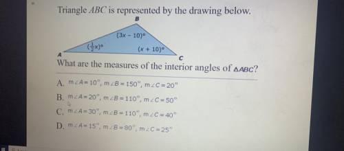 Triangle ABC is represented by the drawing below.

B
(x + 20°
(2x - 30)
(x - 10)
A
с
What are the
