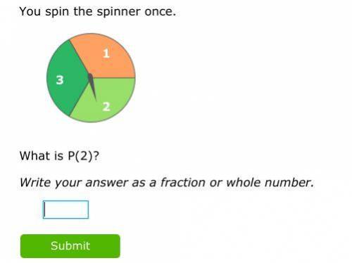 You spin the spinner once.

1 2 3 
What is P(2)?
Write your answer as a fraction or whole number.