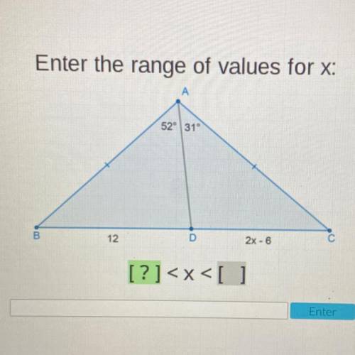 Enter the range of values for x:
52° 31°
B
12
D
2x - 6
[?]