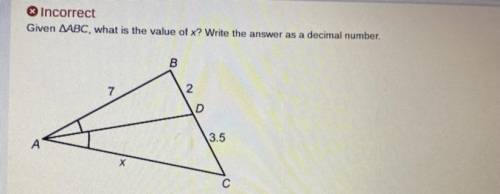 Given AABC, what is the value of x? Write the answer as a decimal number.
Show work pls
