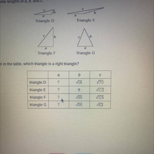 Based on the values given in the table, which triangle is a right triangle?

a.E
b.g
с.D
D.F