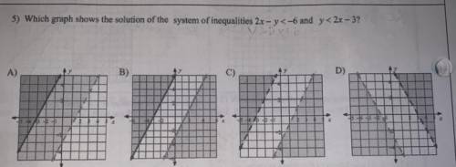 5) Which graph shows the solution of the system of inequalities 2x - y<-6 and y < 2x - 3?