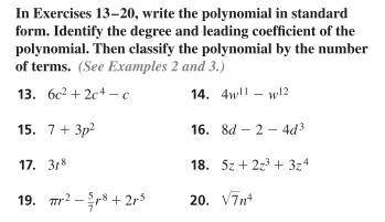 Write the polynomial in standard form. Identify the degree and leading coefficient of the polynomi