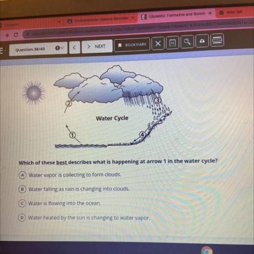 Water Cycle

Which of these best describes what is happening at arrow 1 in the water cycle?
A Wate