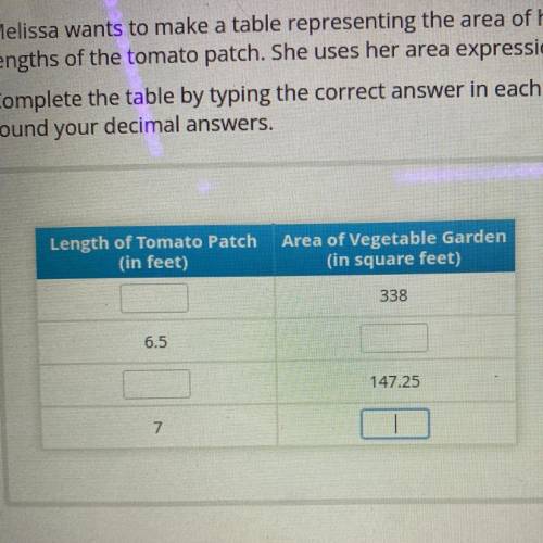 PLEASE HELP ME - 50 POINTS

Melissa wants to make a table representing the area of her vegetable g