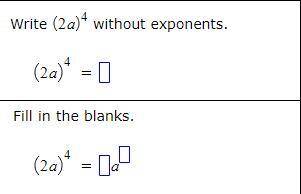 Follow the instructions below. HELP PLEASE ASAP

Write (2a)^4 without exponents.
Fill in the blank