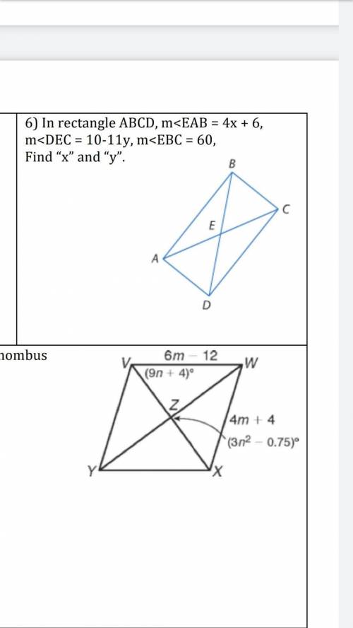 In rectangle ABCD m EAB = 4x+6 m DEC = 10-11y and m EBC = 60. Find the values of x and y.