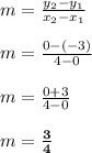 m = \frac{y_2-y_1}{x_2-x_1}\\\\m = \frac{0-(-3)}{4-0}\\\\m = \frac{0+3}{4-0}\\\\m = \boldsymbol{\frac{3}{4}}\\\\