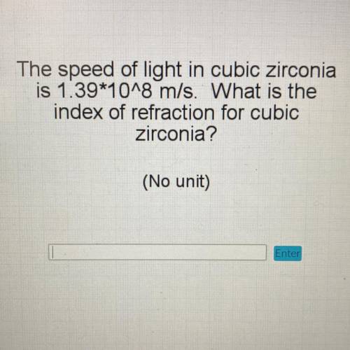 The speed of light in cubic zirconia

is 1.39*10^8 m/s. What is the
index of refraction for cubic