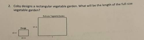 Coby designs a rectangular vegetable garden. What will be the length of the full-size

vegetable g