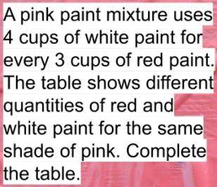 A pink paint mixture uses 4 cups of white paint for every 3 cups of red paint. The table shows diff
