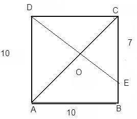 In square ABCD(side) 10 and diagonal AC,DE is drawn to the side BC with BE=3cm The intersection poi