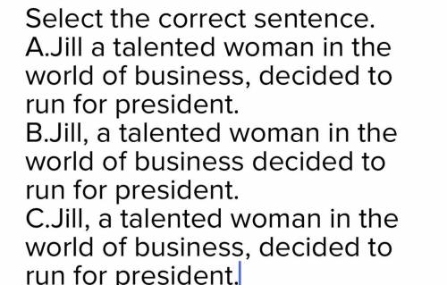 Select the correct sentence.

Jill a talented woman in the world of business, decided to run for p