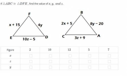If triangle ABC is equal to triangle DFE, find the value of x, y, and z.