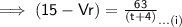 \implies \mathsf{(15 - Vr )=  \frac{63}{(t + 4)} _{...(i)}   }