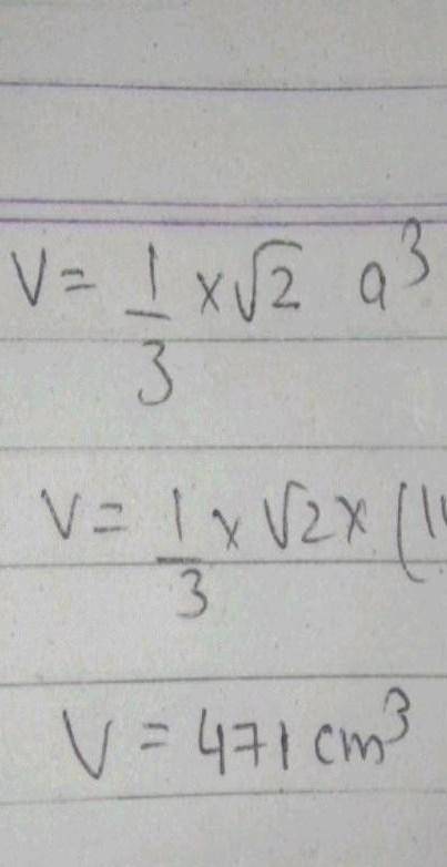 Calculate the volume of a regular octahedron whose edges are all 10 cm (do not use the formula to fi