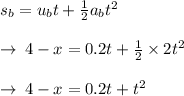 s_{b} =  u_{b}t +  \frac{1}{2} a_{b} {t}^{2} \\  \\  \to \: 4 - x = 0.2t + \frac{1}{2} \times  {2t}^{2} \\  \\  \to \: 4 - x = 0.2t +  {t}^{2} \\  \\