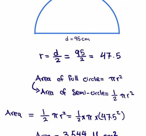 Find the area of this semi-circle with diameter, d = 95cm